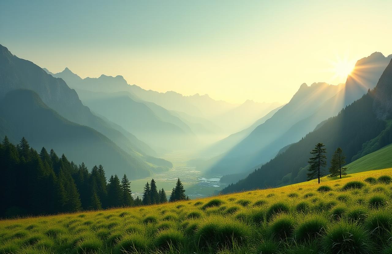Weite Schweizer Alpenlandschaft im Morgenlicht mit grünen Wiesen.