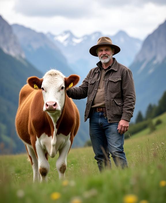 Ein Schweizer Bergbauer steht stolz neben seiner Kuh auf einer Almwiese.