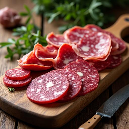 Ein rustikales Holzbrett, reich belegt mit Salami, Schinken und Mostbröckli.
