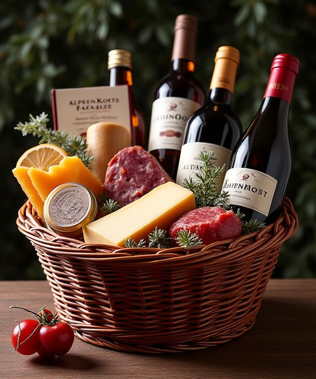 Ein edler Geschenkkorb, gefüllt mit Käse, Wurst, Wein und anderen Delikatessen von AlpenKost.