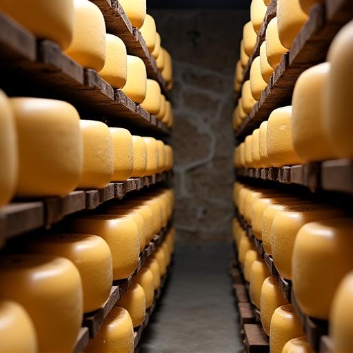 Verschiedene Laibe Alpkäse reifen auf Holzbrettern in einem Steinkeller.