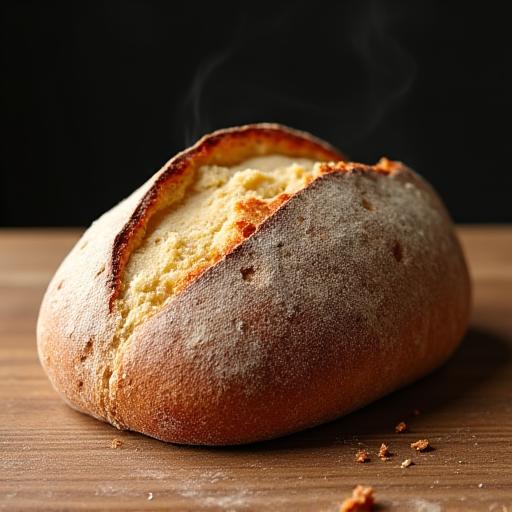Ein knuspriges, ofenfrisches Sauerteigbrot auf einem Holztisch.